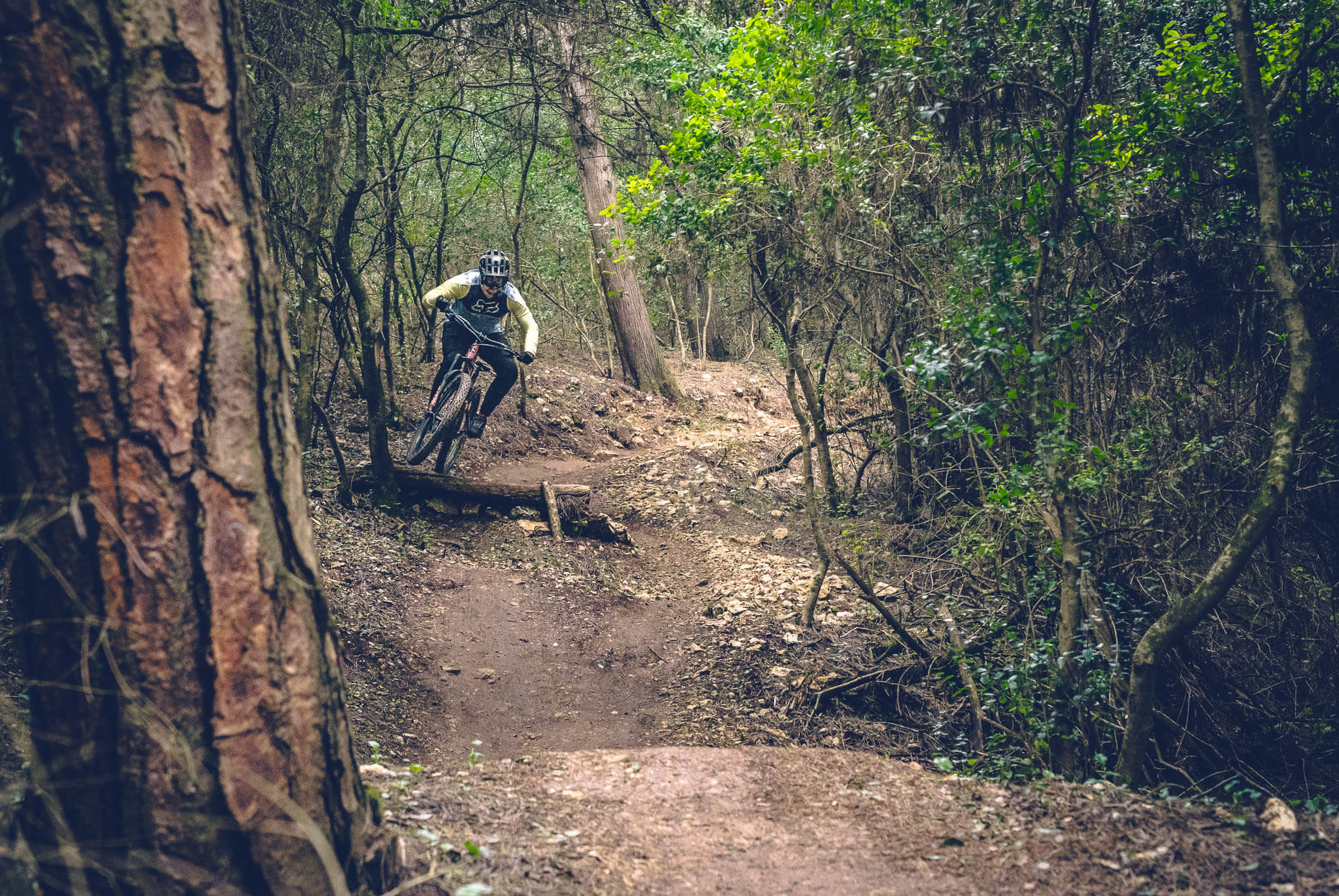 Mountain bike rider going for a jump on a flowy line during a group ride in Monsanto (Portugal)